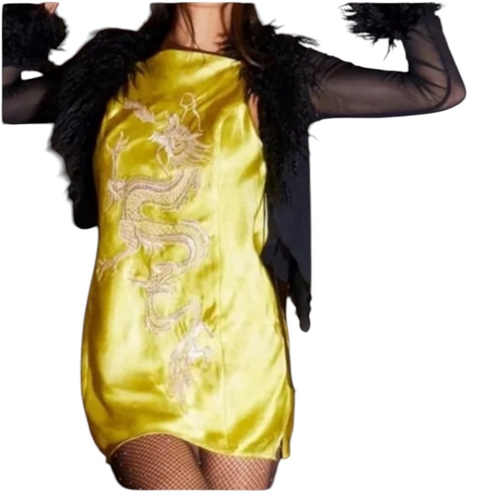 Urban Outfitters Bird Song Satin Mini Dress Dragon Embroidered Sequins 90s Large - Picture 6 of 15